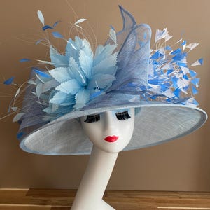 Powder Blue Wide Brim Kentucky Derby Hat W Blue Sinamay Bow and Mixed Blue Feather Flowers. Mother Day Wedding Tea Church Oaks Day Hat