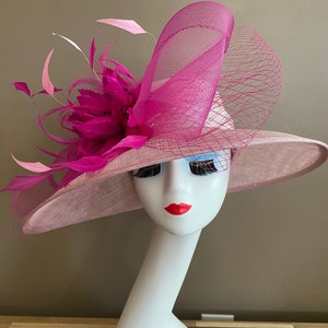 Light Pink Sinamay Derby Hat(m4): Fuchsia Feather Flower and Netting Bow adorned Hat image 6
