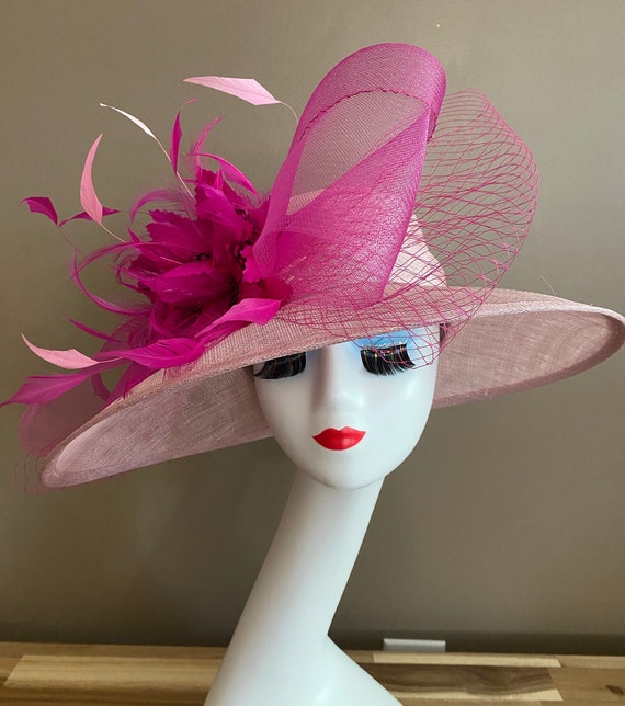 Light Pink Sinamay Derby Hat(m5): Fuchsia Feather Flower and  display picture 1