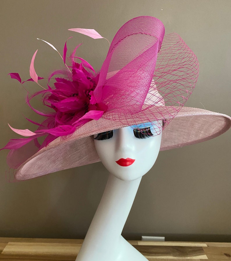 Light Pink Sinamay Derby Hat(m4): Fuchsia Feather Flower and Netting Bow adorned Hat image 6