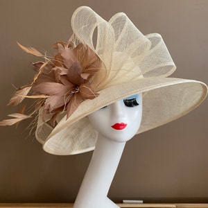 Cream Wide Brim Church Carriage Kentucky Derby Hat with Large Cream Sinamay Bow & Taupe Feather Flower. Easter Race Hat.  Mother's Day Hat.