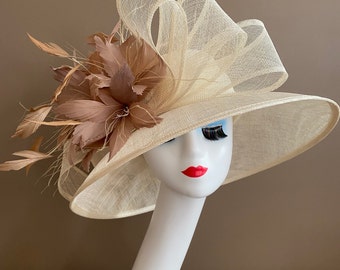 Cream Wide Brim Church Carriage Kentucky Derby Hat with Large Cream Sinamay Bow & Taupe Feather Flower. Easter Race Hat.  Mother's Day Hat.