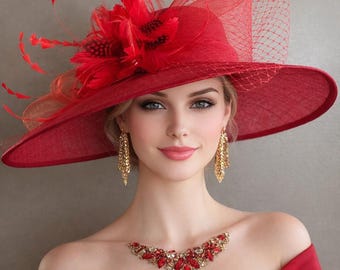 Red/Poppy Kentucky Derby Sinamay Hat(M2) W Red Netting Bow & Feather Flower