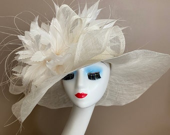 Ready to Ship Ivory White Wide Brim Carriage Church Kentucky Derby Hat W Ivory Sinamay Bow & White Feather Flowers. Mother Day Race Tea Hat
