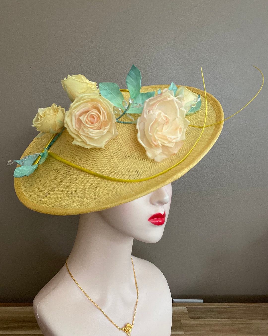 Yellow Kentucky Derby Hat, Yellow Bridal Hat With Roses, Yellow Royal
