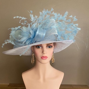 White/Powder Blue Upturned Wide Brim Kentucky Derby Hat W Sinamay/Silk Abaca Bow &  Baby Blue Feather Flower. Wedding Church Tea Race Hat