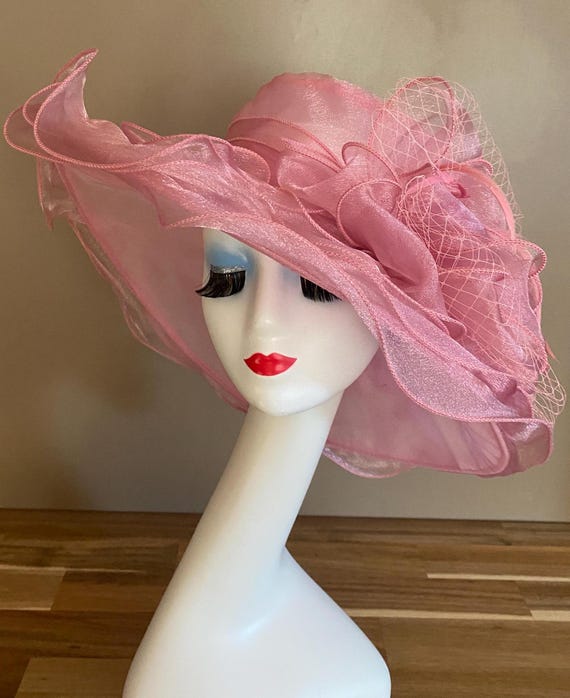 Light Pink Organza Derby Hat: Ascot, Tea Party, Easter  display picture 3