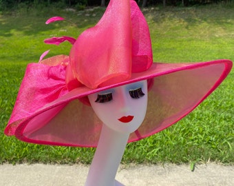 Hot Pink/Coral Pink Wide Brim Church Carriage Kentucky Derby Hat with Pink Large Bow. Organza Dress Hat. Pink Easter Ascot Bridal Tea Hat