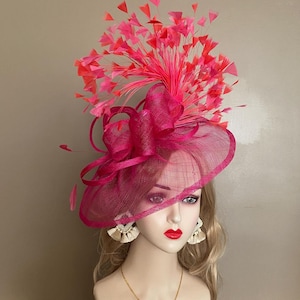 Hot Pink Kentucky Derby Fascinator: Feather Flower Sinamay Hat