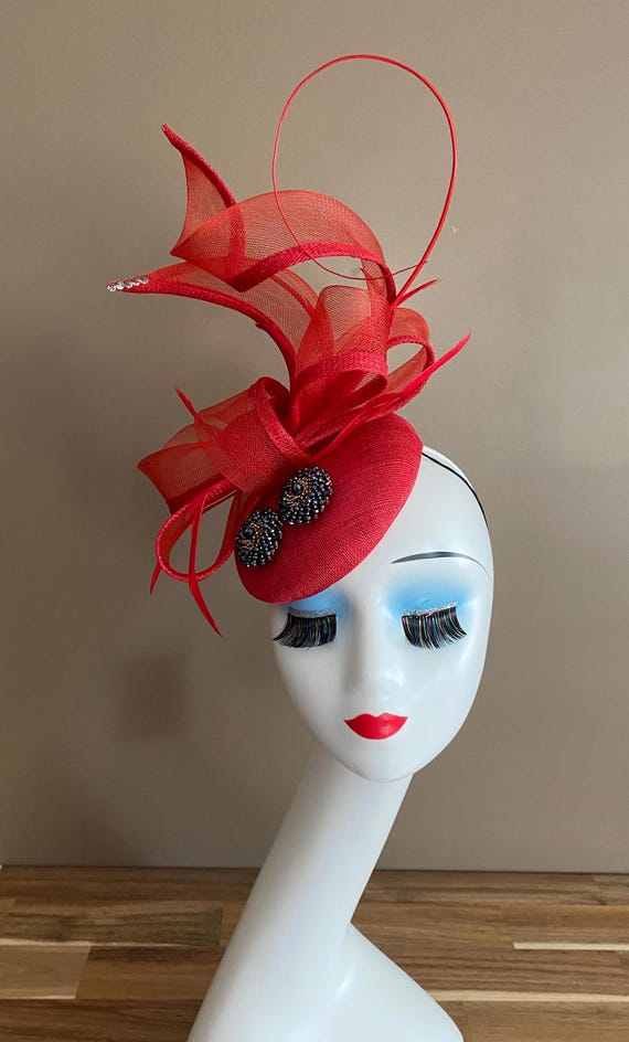Red Sinamay Kentucky Derby Fascinator(m3): Bow/navy Beads  display picture 1