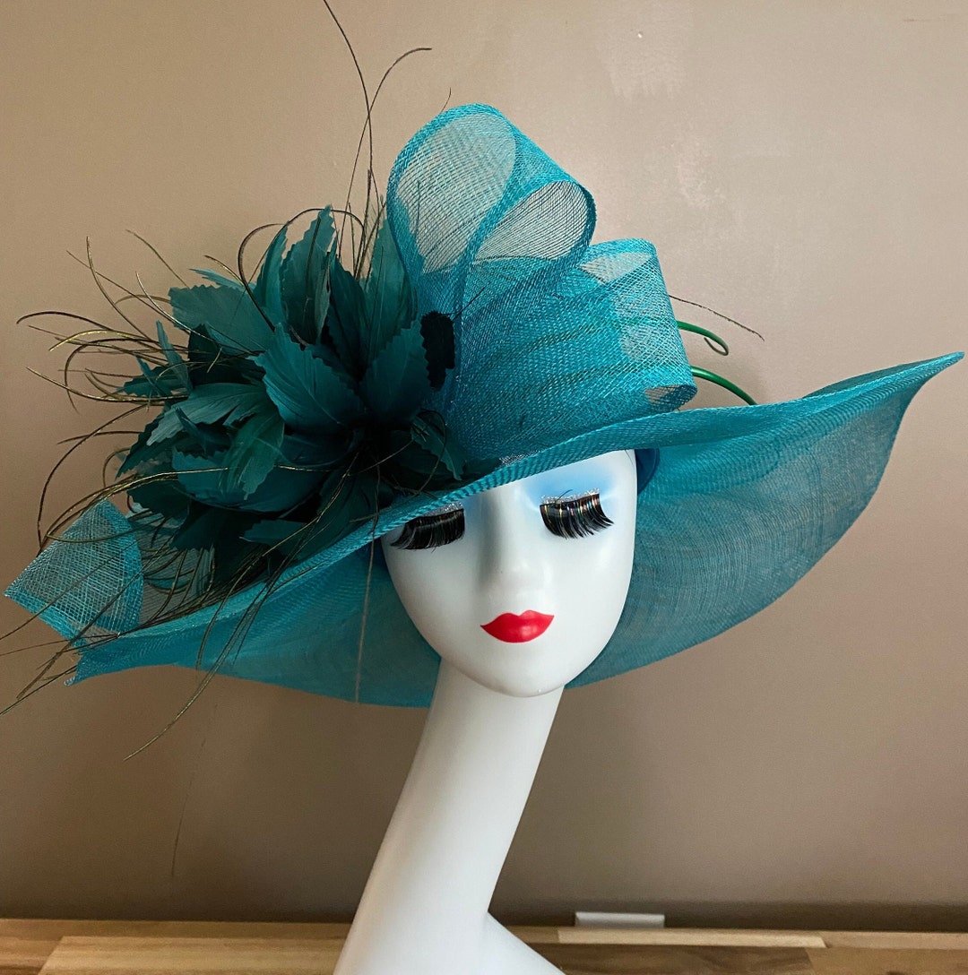 Teal Wide Brim Church Carriage Kentucky Derby Hat With Teal Sinamay Bow ...