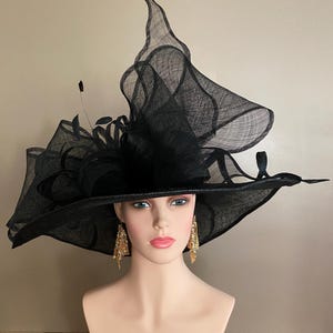 Black Wide Brim Kentucky Derby Hat: Sinamay Bow & Feathers