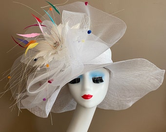 White Wide Brim Carriage Church Kentucky Derby Hat with Large white & multiple color Bow and Feather Flowers. Easter Race Wedding Tea Hat