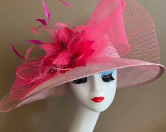 Light Pink Church Carriage Kentucky Derby Hat W Netting Bow & Hot Pink/Fuchsia Feather Flower. Mother Day Easter Ascot Wedding Tea Race Hat