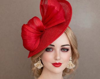 Tocado rojo Kentucky Derby (m6): Sombrero de seda con lazo de abacá para fiesta de té