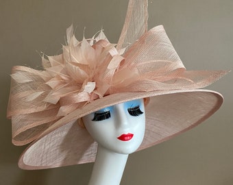 Blush Pink Wide Brim Church Carriage Kentucky Derby Hat W Sinamay Bow & Large Feather Flowers. Mother Day Easter Tea Race Wedding Hat