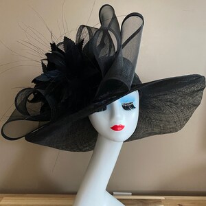 Black Wide Brim Church Carriage Kentucky Derby Hat W Large Black Netting/Sinamay Bow & Feather Flower Mother Day Easter Race Wedding Tea Hat image 7