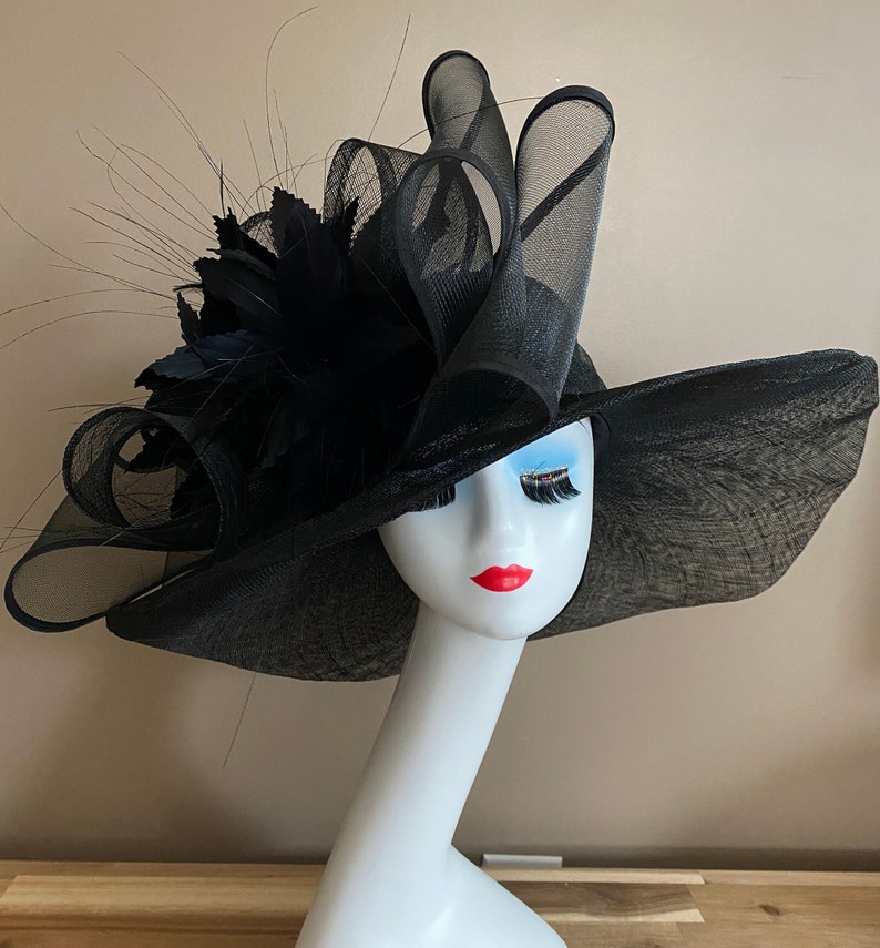 Black Wide Brim Church Carriage Kentucky Derby Hat W Large Black Netting/Sinamay Bow & Feather Flower Mother Day Easter Race Wedding Tea Hat image 7