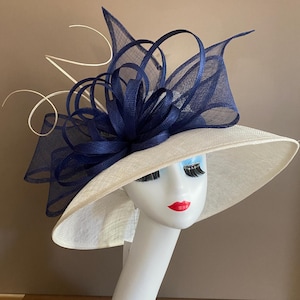 Ivory White Kentucky Derby Hat: Navy Bow Sinamay Ribbon Flower
