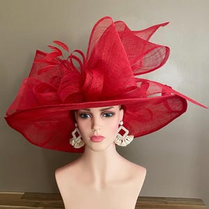 Red Sinamay Kentucky Derby Hat: Wide Brim Bow & Feathers