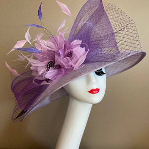 Light Purple/Lavender/Mauve Kentucky Derby Hat W Netting Bow & Shades purple Feather Flowers. Mother Day Race Wedding Hat image 4