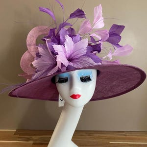 Fuchsia Purple Sinamay Derby Hat: Wide Brim Feather Flower Ascot Hat