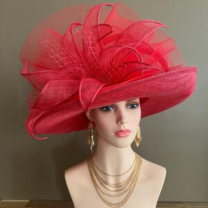Red Large Wide Brim Sinamay Kentucky Derby Hat(G7): Netting Bow with Sinamay Flower image 7