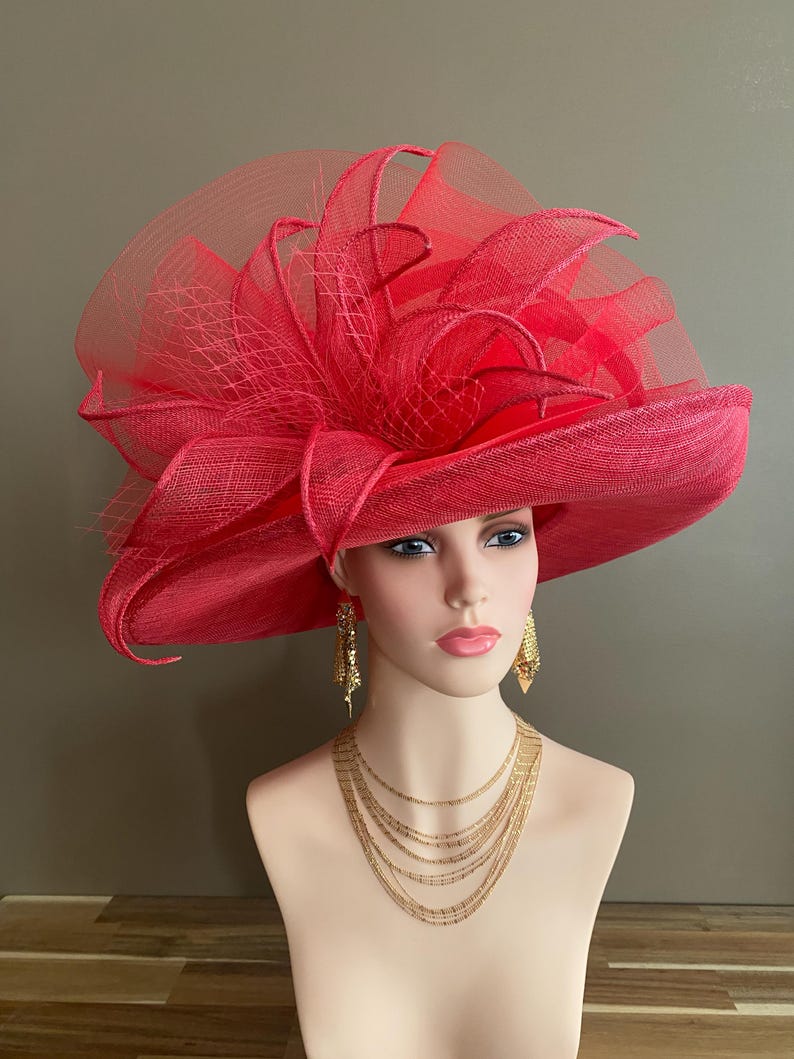 Red Large Wide Brim Sinamay Kentucky Derby Hat(G7): Netting Bow with Sinamay Flower image 7