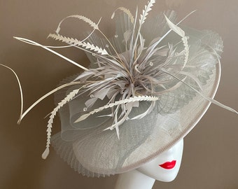 White/Ivory Church Carriage Kentucky Derby Fascinator W Gray Large Netting Bow & Feather Flower. Mother Day Wedding Easter Tea Race Hat