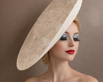 Beige Fascinator Disc Hat, With Swirl and Silk Flowers  display picture 1