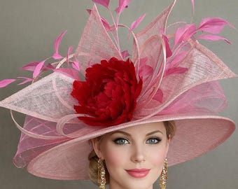 Pastel Pink Derby Oaks Hat: Rose Flowers, Ostrich Quills  display picture 1