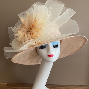 Wide Brim Sinamay Derby Hat: Pale Gold Feather Flower Bow