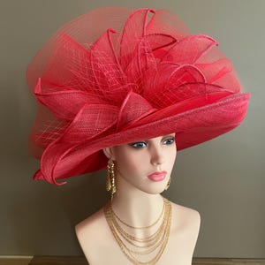 Red Large Wide Brim Sinamay Kentucky Derby Hat(G7): Netting Bow with Sinamay Flower image 8