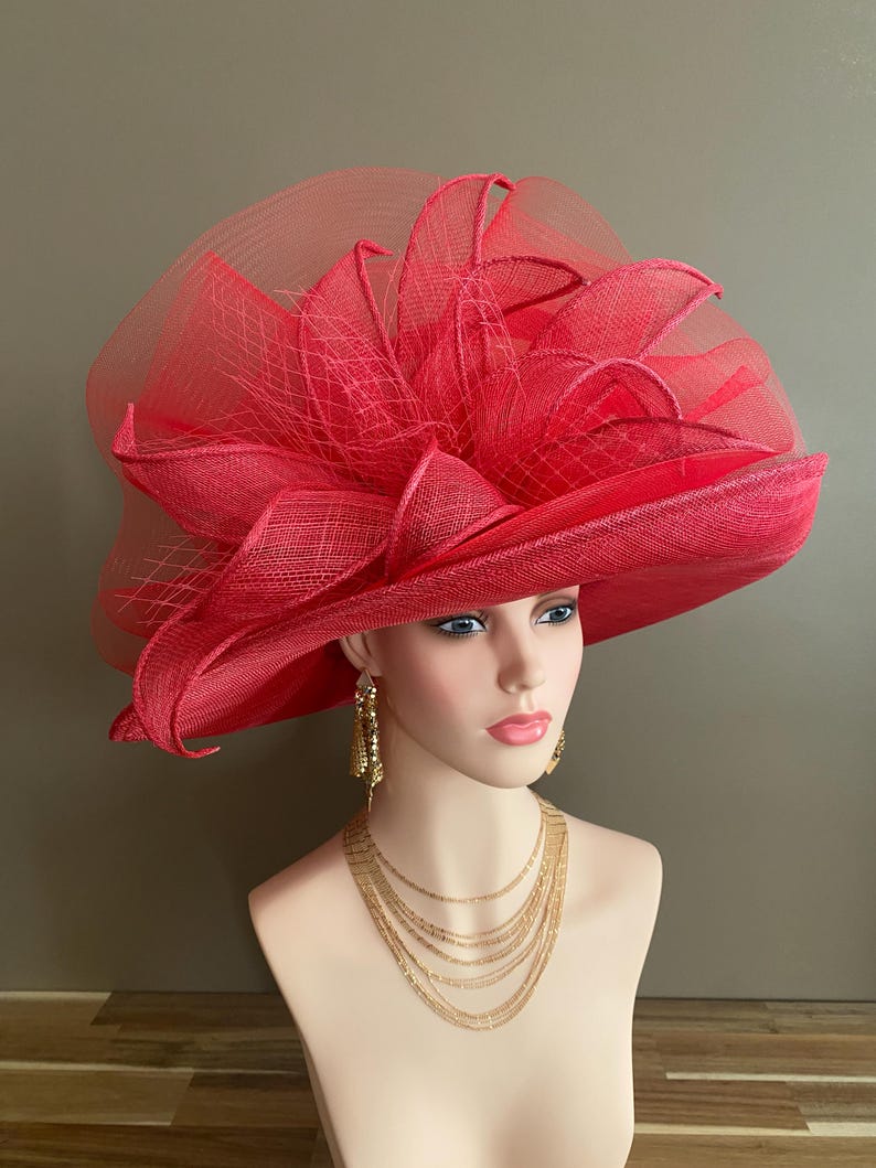 Red Large Wide Brim Sinamay Kentucky Derby Hat(G7): Netting Bow with Sinamay Flower image 8