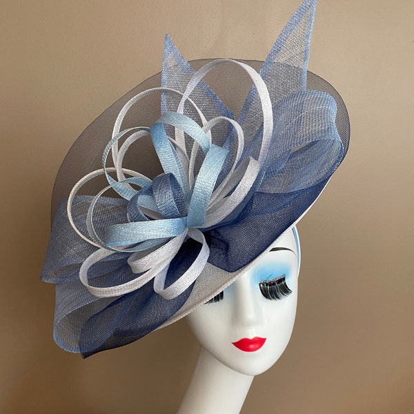 White Carriage Church Fascinator W Shades Blue Bow & White/ Shades Blue Sinamay Flower. Kentucky Derby Hat. Wedding Easter Tea Race Hat