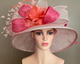 COPY - Pink Feather flower kentucky derby hat wide brim Ivory Derby Hat, Pink Feather Flower, Wide Brim - Etsy main image 4