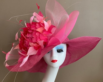 Fuchsia Wide Brim Church Carriage Kentucky Derby Hat with Shades of Pink Netting Bow and Feather Flowers. Easter Ascot Wedding Race Tea Hat