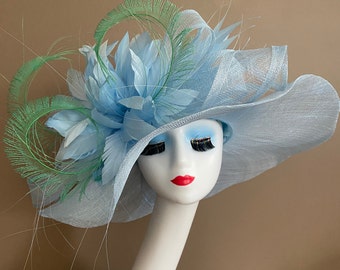 Powder Blue Wide Brim Carriage Church Kentucky Derby Hat W Sinamay Bow & Blue/Green Feather Flowers. Mother Day Easter Race Wedding Tea Hat