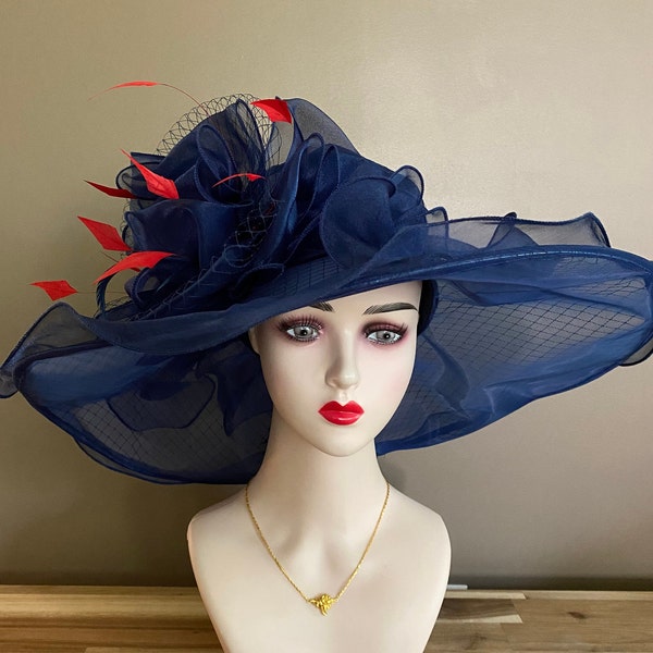 Large Navy Blue/Red Church Carriage Kentucky Derby Hat. Navy Blue/Red Organza Dress Hat. Mother Day Easter Ascot Tea Race Hat