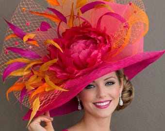 Fuchsia Sinamay Organza Wide Brim Kentucky Derby Hat, Ascot  display picture 3
