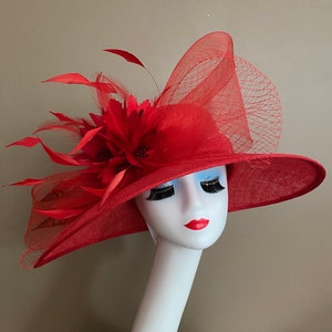 Red Church Carriage Kentucky Derby Sinamay Formal Hat with Netting Bow and Feather Flowers. Mother's Day Easter Ascot Wedding Tea Race Hat