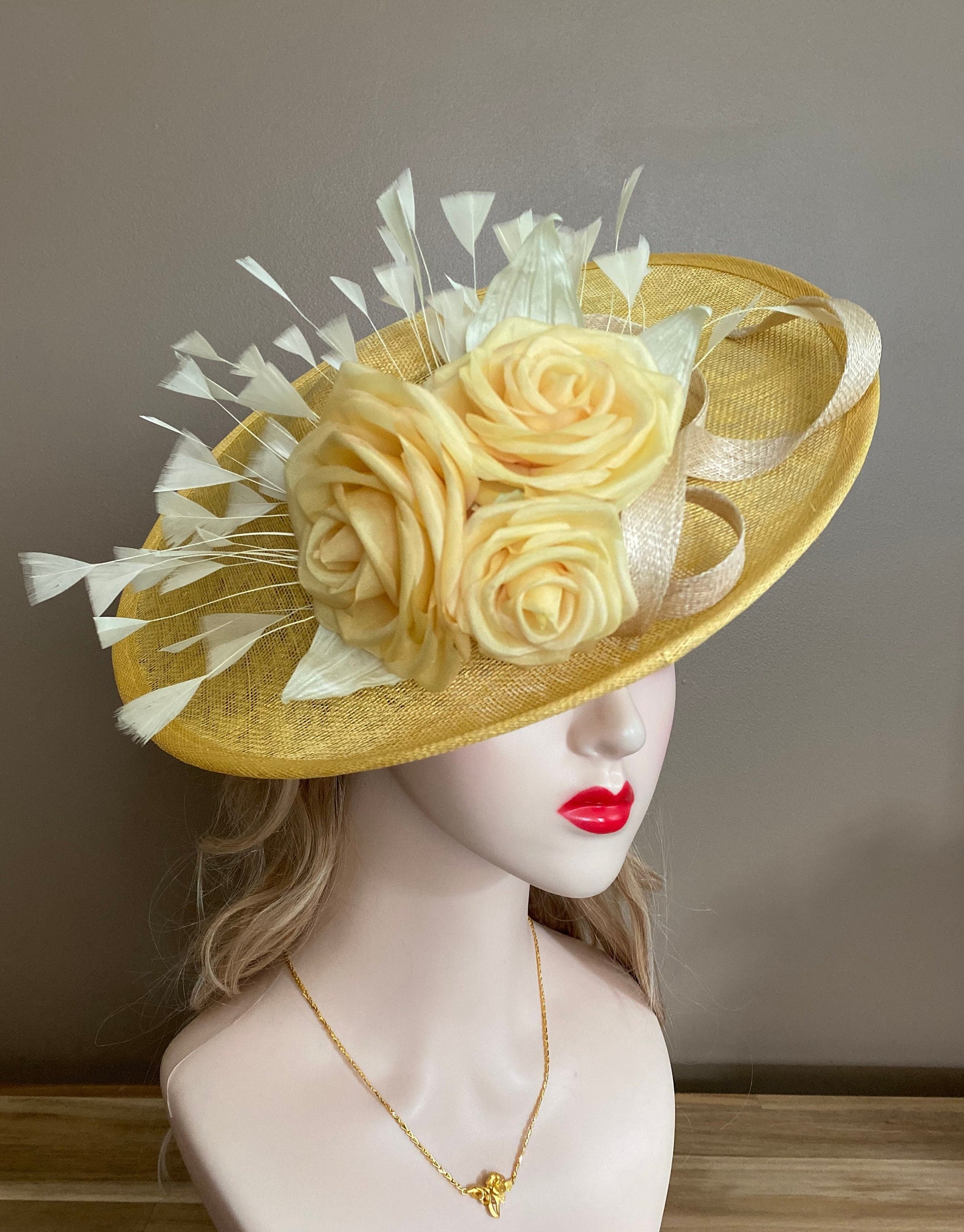 Gold Yellow Kentucky Derby Hat Yellow Ascot Hat With Roses Etsy