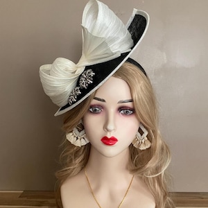 Black/White Kentucky Derby Fascinator W White Silk Abaca/Sinamay Bow and Rhinestones. Mother Day Race Tea Easter Wedding Hat
