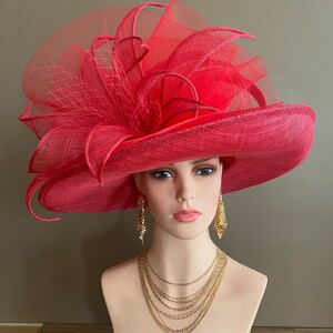 Red Large Wide Brim Sinamay Kentucky Derby Hat(G7): Netting Bow with Sinamay Flower image 5