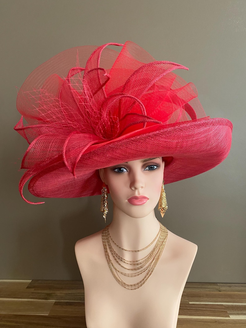 Red Large Wide Brim Sinamay Kentucky Derby Hat(G7): Netting Bow with Sinamay Flower image 5