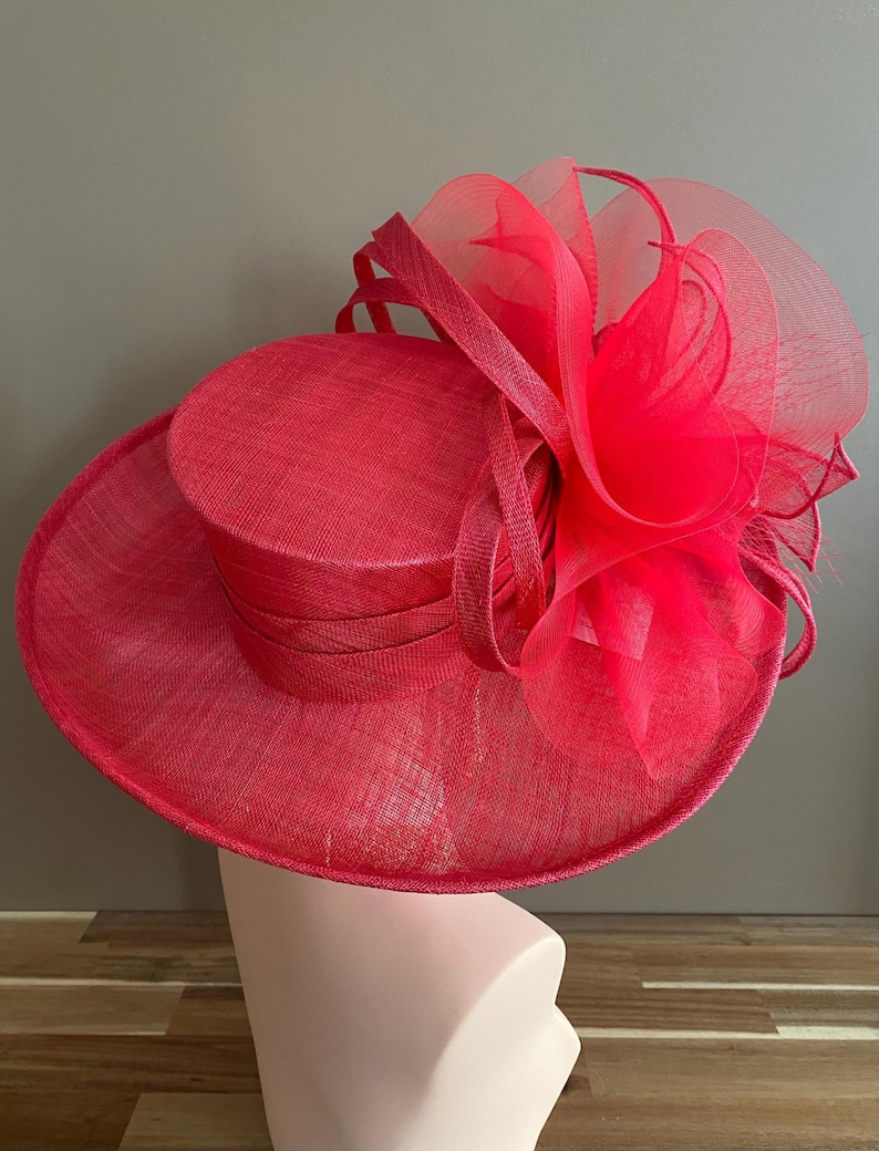 Red Large Wide Brim Sinamay Kentucky Derby Hat(G7): Netting Bow with Sinamay Flower image 9