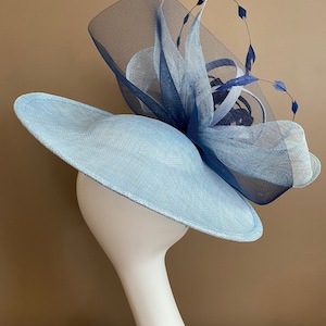 Powder Blue Carriage Church Fascinator with Light/Dark Blue Bow and Sinamay Flower. Kentucky Derby Hat. Wedding Easter Tea Race Ascot Hat image 4