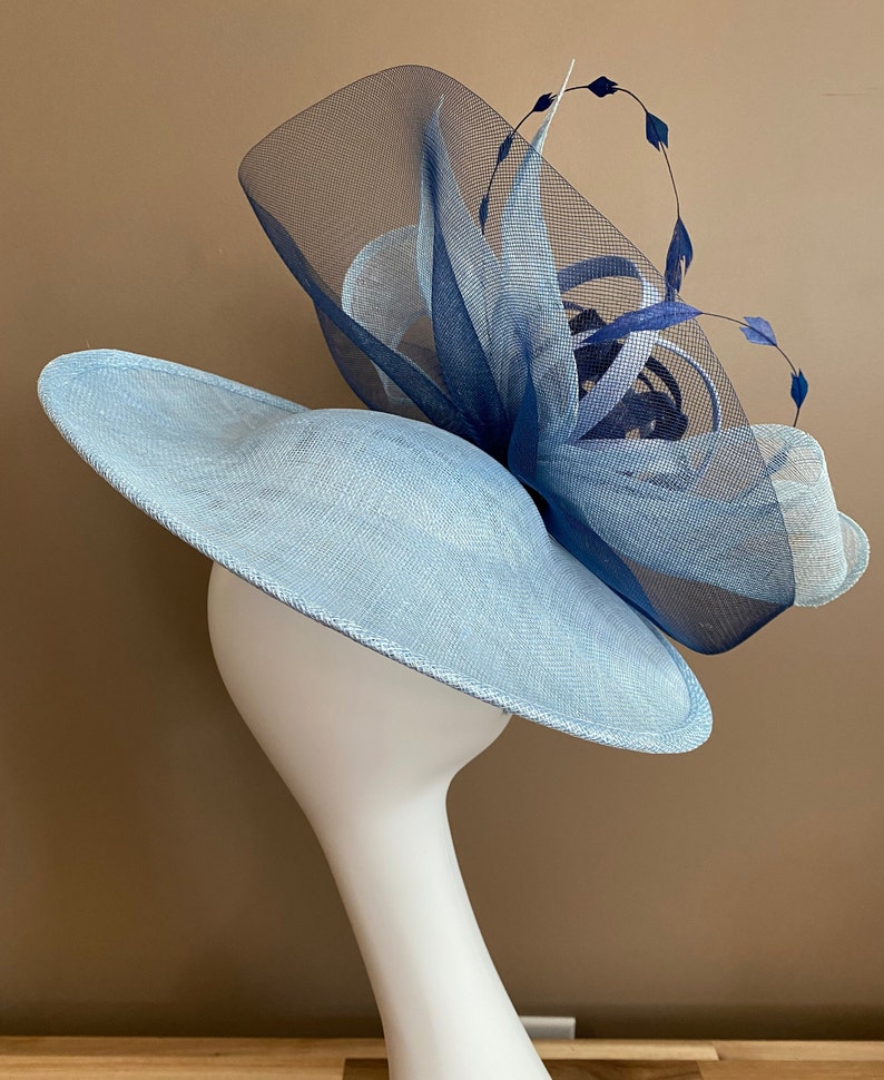 Powder Blue Carriage Church Fascinator with Light/Dark Blue Bow and Sinamay Flower. Kentucky Derby Hat. Wedding Easter Tea Race Ascot Hat image 4
