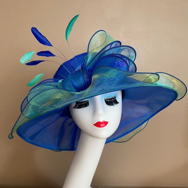 Royal Blue/Green Kentucky Derby Hat. Organza Dress Hat. Mother's Day Hat. Easter Church Ascot Hat. Tea Hat. Cocktail Hat. Race Hat
