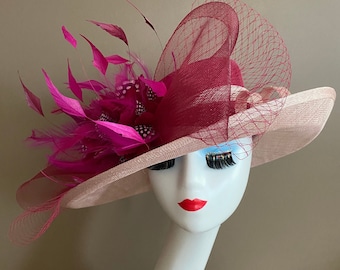 Blush Pink/Burgundy/Maroon Church Carriage Kentucky Derby Hat W Netting Bow & Feather Flower. Mother's Day Race Ascot Easter Wedding Tea Hat